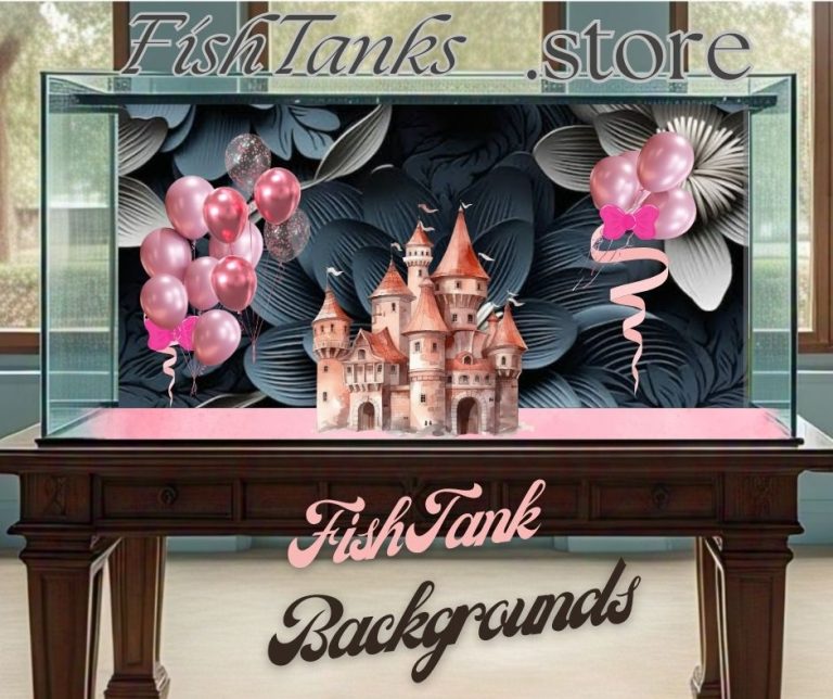 alt="fish tank static vinyl background, paper flowers in black design, decorated in a pink party balloon design with a charming castle"
