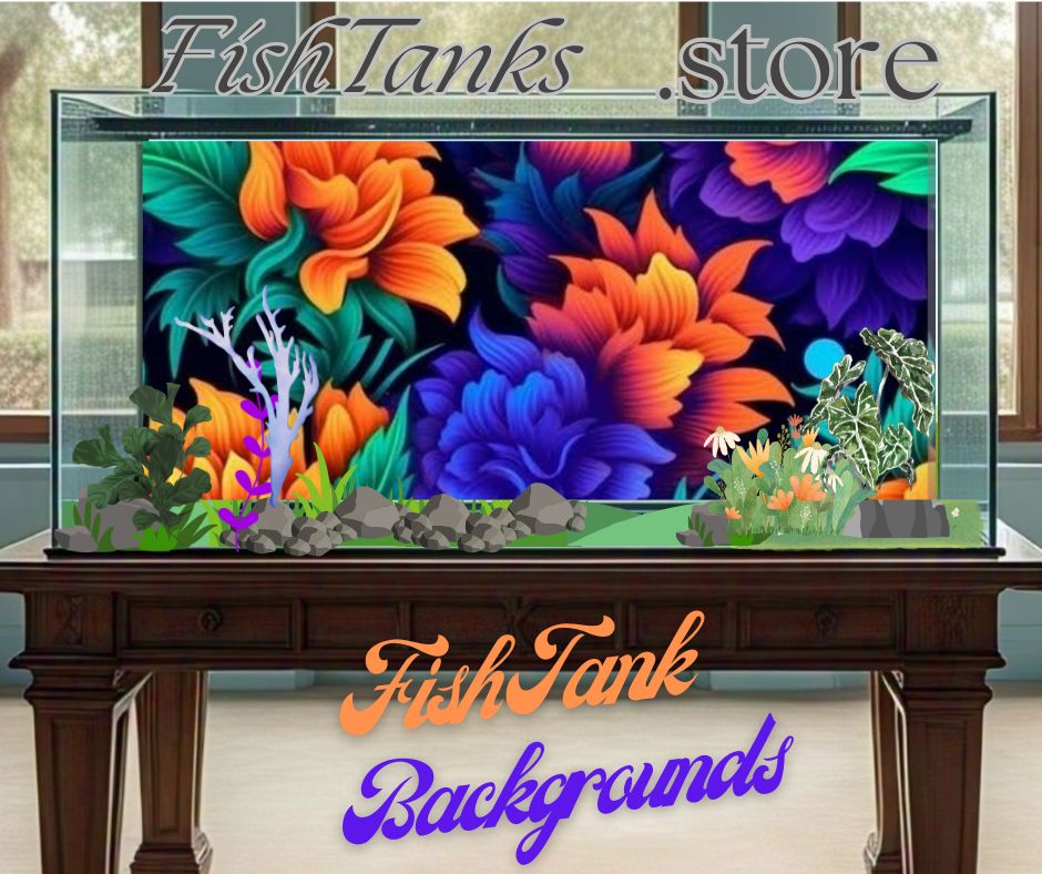 alt="new fish keeper background image for fish tank of blue and orange flowers aquarium background"