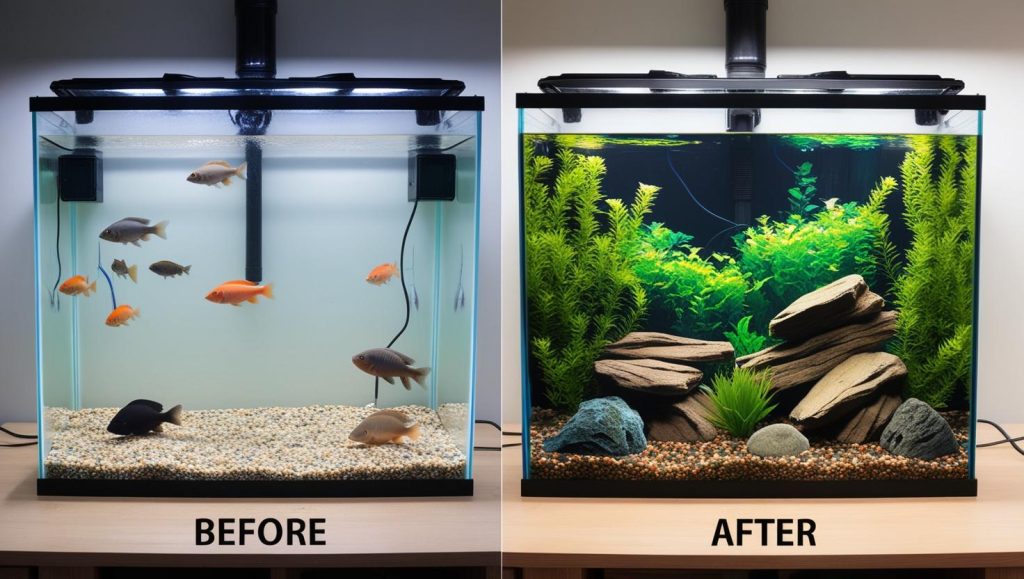 alt="background on fish tank vs no background on fish tank"