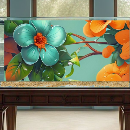 alt="blue and orange blossom fish tank background decal, shown applied to a fish tank"