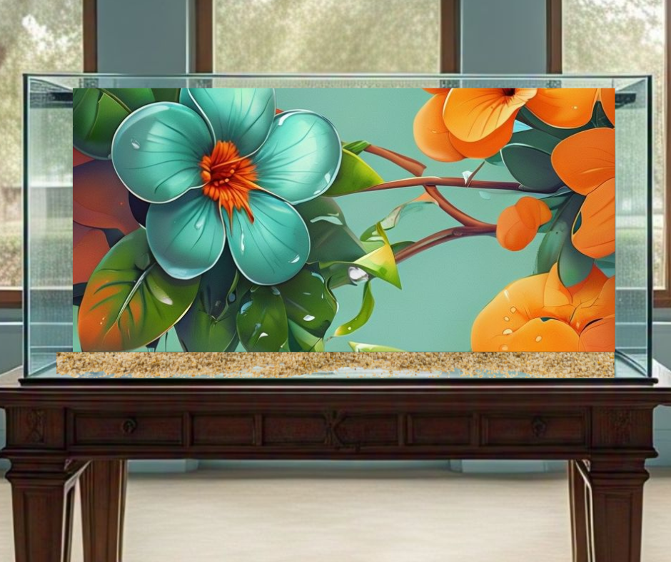 alt="blue and orange blossom fish tank background decal, shown applied to a fish tank"