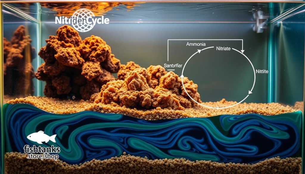 A detailed cross-section of an aquarium showcasing the nitrogen cycle, with a fishtanks.store/shop logo subtly incorporated into the design. The foreground depicts the aquarium water and substrate, highlighting the nitrification process with swirling blue-green hues and bubbles. The middle ground features biological filter media, fostering beneficial bacteria colonies. In the background, a schematic diagram illustrates the nitrogen cycle's stages - ammonia, nitrite, and nitrate - with clear labeling. Warm lighting casts a serene, educational atmosphere, inviting the viewer to explore the complex yet vital ecosystem within a well-maintained aquarium.