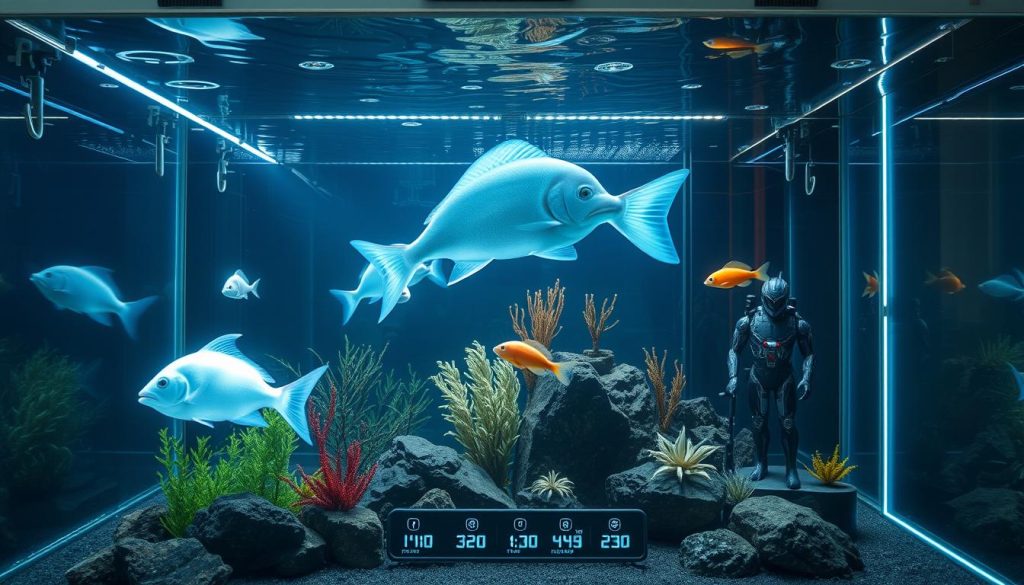 A high-tech aquarium filled with cutting-edge enhancements. In the foreground, a mesmerizing holographic display projects 3D fish swimming gracefully. Sleek LED lighting fixtures line the tank's perimeter, casting a soft, ethereal glow. The middle ground features a state-of-the-art water filtration system, with digital readouts monitoring pH, temperature, and oxygen levels. In the background, a voice-controlled AI assistant tracks fish behavior and water quality, ready to make automated adjustments. The entire setup is encased in a seamless, tempered glass enclosure, giving the impression of a futuristic, immersive underwater environment.