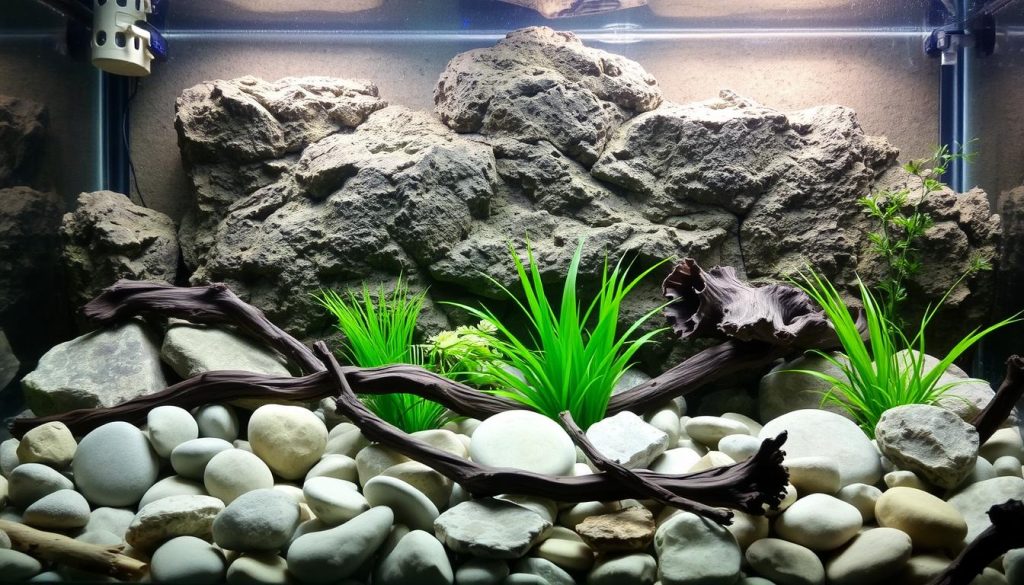 A serene aquarium filled with a diverse array of natural elements. In the foreground, smooth river rocks and driftwood pieces create a tranquil, earthy foundation. In the middle ground, lush aquatic plants sway gently, their vibrant greens contrasting with the neutral tones. The background features a stunning rocky outcrop, its craggy texture illuminated by soft, diffused lighting, casting a warm, ambient glow throughout the scene. The overall composition evokes a sense of harmony and balance, showcasing the beauty of incorporating natural decor into a captivating fish tank display.