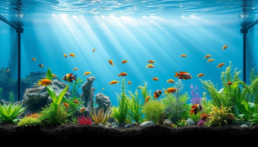 A vibrant custom vinyl background for a fish tank, featuring a serene underwater landscape with lush, swaying aquatic plants, colorful schools of tropical fish, and shimmering light rays cascading through the water. The foreground showcases a detailed texture and pattern, seamlessly blending with the middle ground of diverse aquatic life. The background depicts a tranquil, hazy depth with a sense of peaceful depth and volume. Captured with a wide-angle lens, the scene is bathed in soft, diffused lighting, creating a calming, immersive atmosphere that would complement and enhance the beauty of any fish tank.