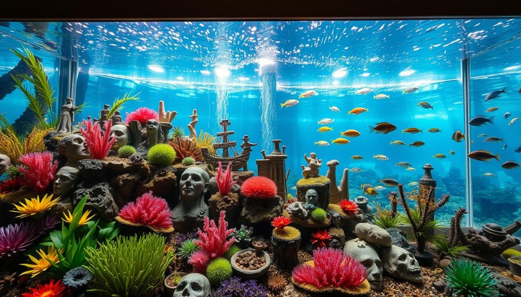 A visually captivating aquarium scene, showcasing a diverse array of creative decorations. In the foreground, a lush underwater garden with vibrant plants and colorful coral formations. In the middle ground, an array of unique ornaments, including intricate stone carvings, sunken shipwrecks, and whimsical figurines. The background features a mesmerizing seascape, with shimmering light filtering through the water and schools of tropical fish swimming gracefully. The scene is bathed in a warm, natural lighting, captured with a wide-angle lens to emphasize the depth and grandeur of the aquatic environment. The overall mood is one of tranquility, enchantment, and the boundless possibilities of aquarium design.