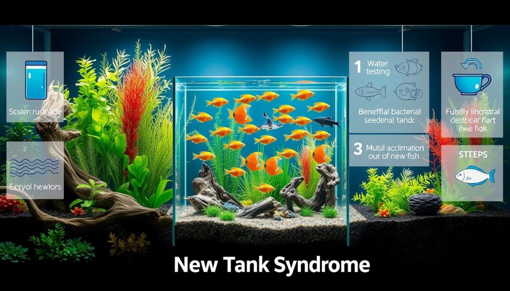 A well-lit, detailed illustration showcasing various methods to prevent new tank syndrome in a freshwater aquarium. The foreground depicts a diverse array of aquarium plants, driftwood, and substrate, representing a healthy, established tank environment. The middle ground features a transparent glass aquarium showcasing a collection of healthy, vibrant fish. In the background, informative icons and illustrations demonstrate key steps to cycle a new tank, including water testing, beneficial bacteria seeding, and gradual acclimation of new fish. The overall mood is educational and visually engaging, conveying the importance of proper new tank setup and maintenance. fishtanks.store/shop