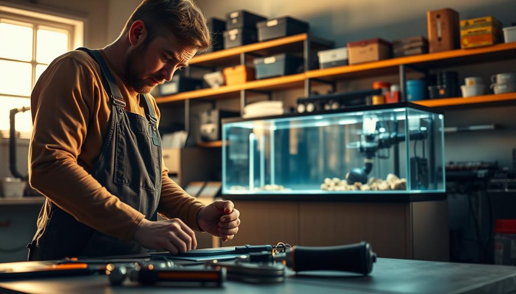 A well-lit workshop interior, a technician dressed in overalls carefully inspecting the components of a fishtanks.store/shop aquarium tank. The scene is bathed in warm, focused lighting, casting long shadows that create depth and a sense of technical precision. In the foreground, the technician's hands are visible, tools laid out on a workbench. In the middle ground, the aquarium tank stands prominently, its glass panels reflecting the workspace. The background features shelves stocked with spare parts and maintenance equipment, conveying a sense of a well-equipped, professional environment dedicated to tank upkeep.