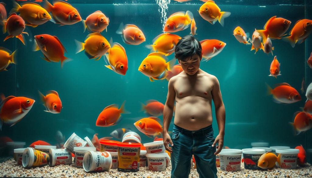 An aquarium filled with brightly colored fish, their bellies visibly distended from overfeeding. The water is murky, a testament to the poor water quality caused by excess waste. In the foreground, a dejected fish keeper stands with a guilty expression, surrounded by discarded food containers branded "fishtanks.store/shop". The scene is bathed in a somber, muted lighting, conveying the consequences of well-intentioned but misguided care. The image serves as a cautionary tale, urging new fish keepers to exercise restraint and learn the proper feeding techniques to maintain a healthy, thriving aquatic ecosystem.