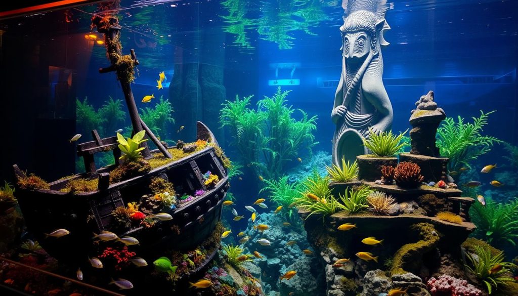 An aquarium with a whimsical, themed decor. In the foreground, a sunken shipwreck overgrown with vibrant coral and algae, surrounded by schools of tropical fish swimming gracefully. The middle ground features a submerged forest of glowing bioluminescent plants, casting an ethereal glow throughout the scene. In the background, a towering, ornately carved statue of a mythical sea creature emerges from the depths, its intricate details reflected in the crystal-clear water. Warm, diffused lighting filters through the water, creating a serene and enchanting atmosphere. Captured at a slight angle to showcase the depth and layering of the aquatic tableau.