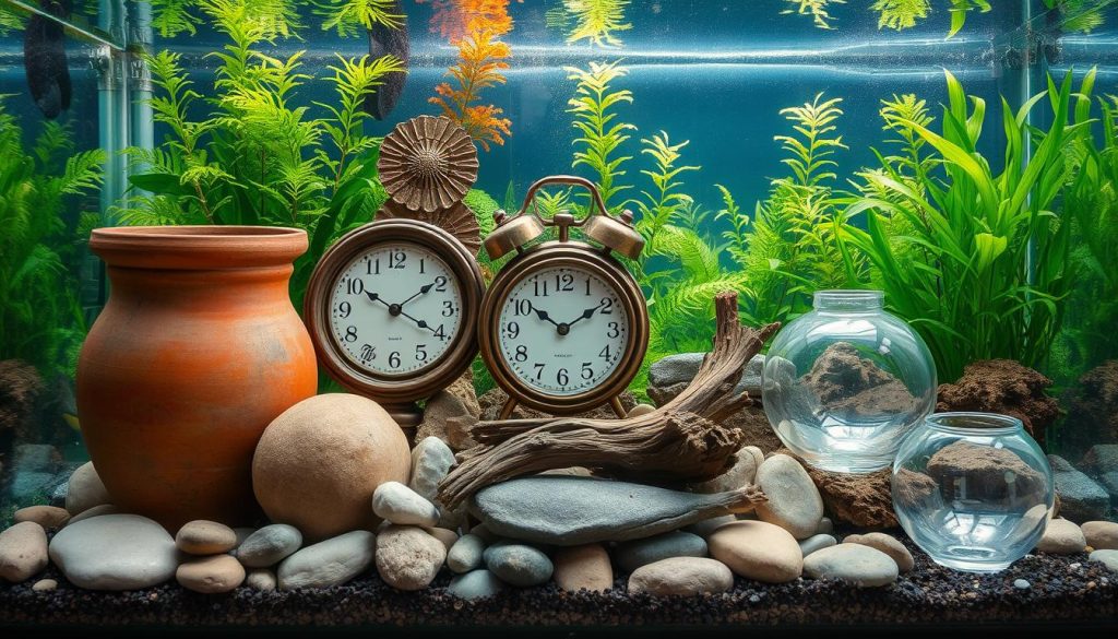 An array of repurposed household items creatively arranged in a visually striking aquarium setting. In the foreground, a rustic clay pot, a vintage clock, and a tarnished brass vase form a captivating centerpiece, their textures and shapes complementing the underwater environment. In the middle ground, a collection of smooth river rocks, driftwood, and delicate glass bowls create a sense of depth and visual interest. The background features a lush, verdant underwater landscape with vibrant aquatic plants swaying gently, illuminated by soft, natural lighting that filters through the aquarium's crystal-clear water. The overall atmosphere conveys a sense of tranquility, wonder, and the clever repurposing of everyday objects into unique aquarium decor.
