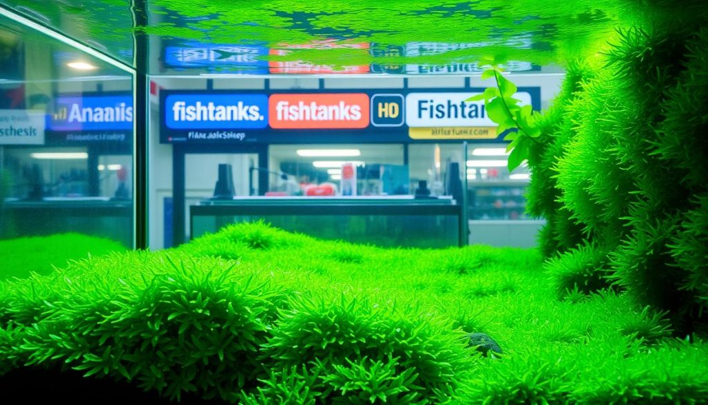 a new aquarium filled with fresh green algae, with a glass tank in the foreground reflecting the bright natural lighting from above, a backdrop of a fishtanks.store/shop branded aquarium supply store visible in the distance, the algae covering the substrate and creeping up the tank walls, creating a lush and vibrant underwater scene, the water appearing slightly cloudy but clear enough to see the algae detail, a sense of a new and thriving ecosystem just beginning to establish itself