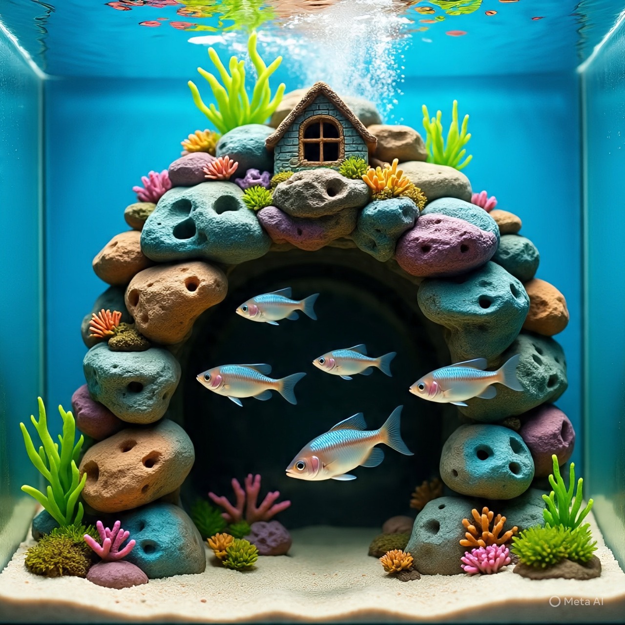 alt="aquarium rock cave design number 1, a round type of design with a pitched house roof"