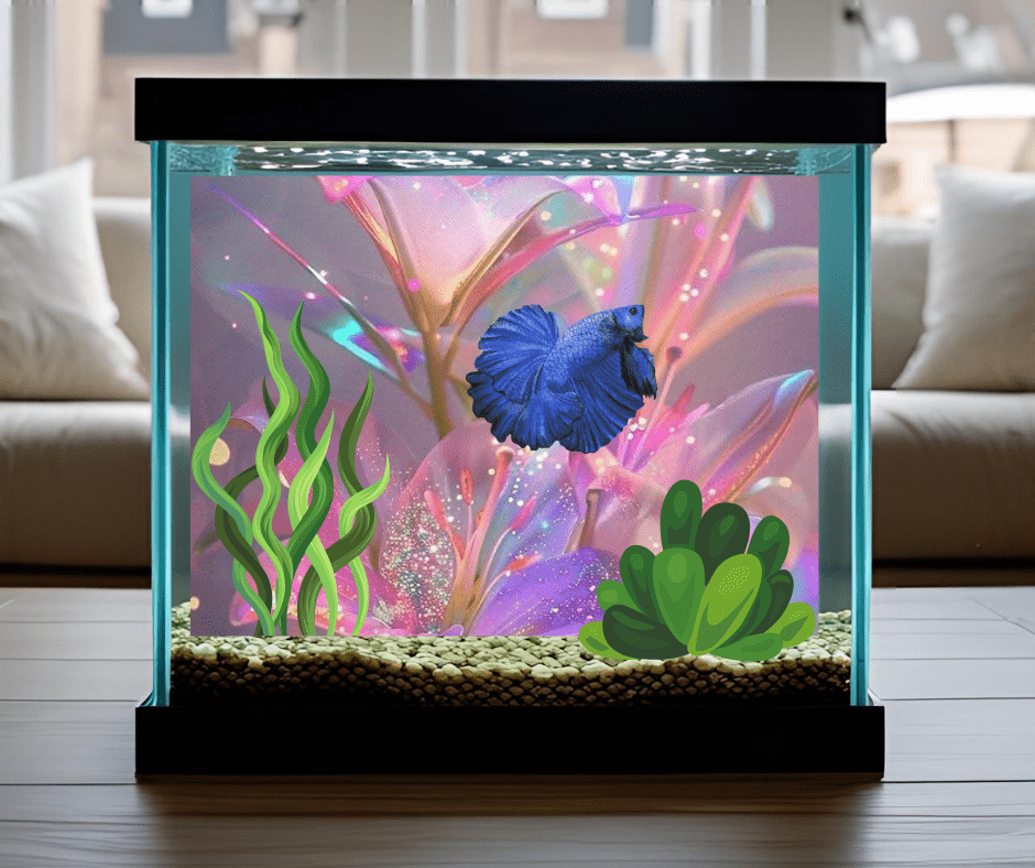 gold fish tank background pink flower sticker and 2 plants