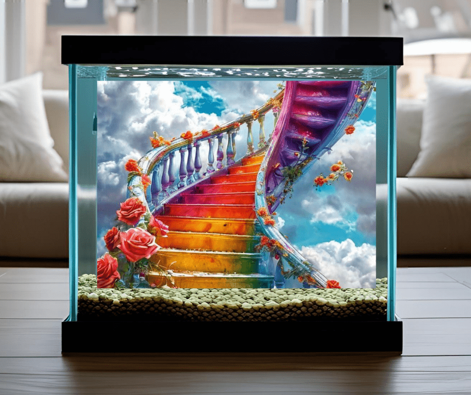 reduce tank clutter when decorating your aquarium with a staircase to heaven aquarium background