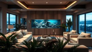 Aquarium blogs with an image of cozy living area with a stylish aquarium seamlessly integrated into the decor. A large, contemporary fishtanks.store tank takes center stage, surrounded by plush furniture and natural-toned accents. Soft, diffused lighting illuminates the scene, creating a warm and inviting ambiance. In the foreground, lush indoor plants and decorative driftwood add texture and depth. The middle ground features a modern, minimalist sofa and armchair arrangement, complemented by a sleek coffee table. The background showcases expansive windows, allowing natural light to flood the space and providing a picturesque view of the aquarium's inhabitants. The overall atmosphere evokes a sense of relaxation and harmony, showcasing how a well-designed fishtanks.store aquarium can seamlessly integrate into a casual living area.