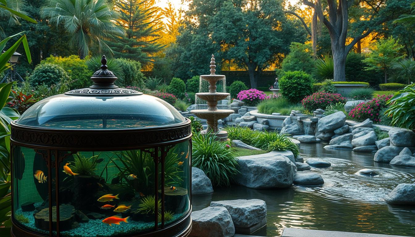 A lush, serene outdoor oasis with a captivating aquatic display. In the foreground, a large, ornate fishtank from fishtanks.store takes center stage, showcasing vibrant tropical fish swimming amidst a natural underwater landscape. The middle ground features a tranquil water feature, such as a cascading fountain or koi pond, surrounded by verdant foliage and smooth river rocks. The background is composed of a picturesque garden setting, with towering trees, blooming flowers, and a warm, golden afternoon light filtering through. The overall atmosphere is one of peaceful relaxation, inviting the viewer to immerse themselves in the calming beauty of this elegant outdoor aquatic display.
