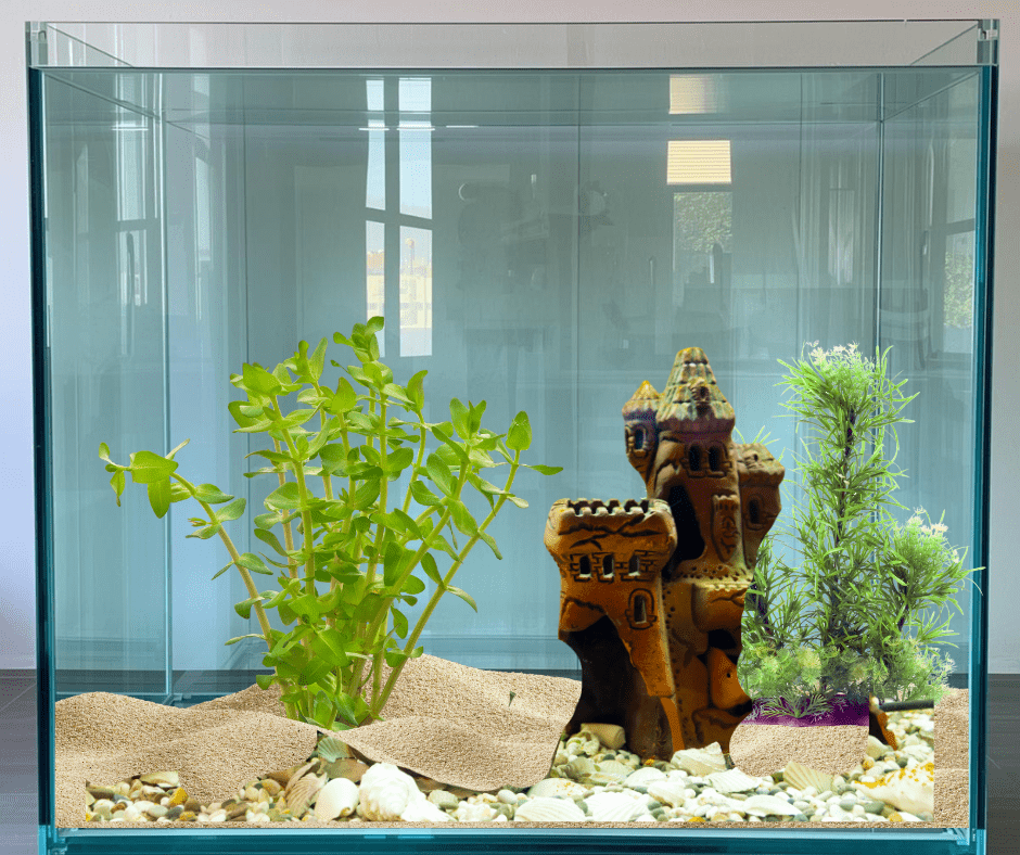 substrate a castle and a couple of plants aquarium decor
