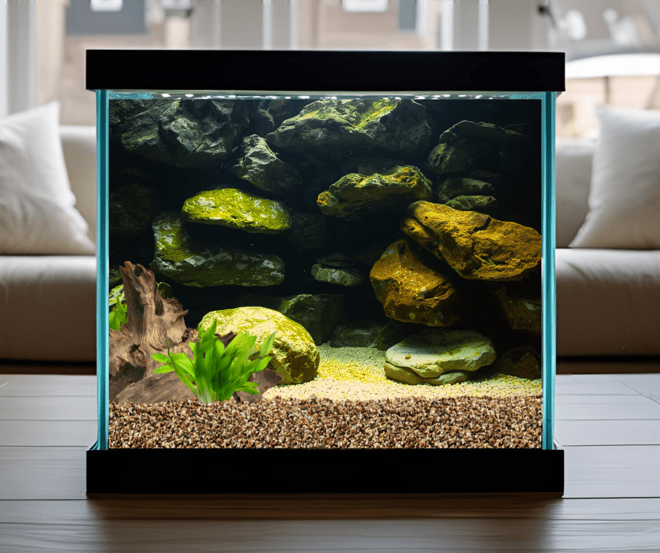 small aquarium with static vinyl rock wall background