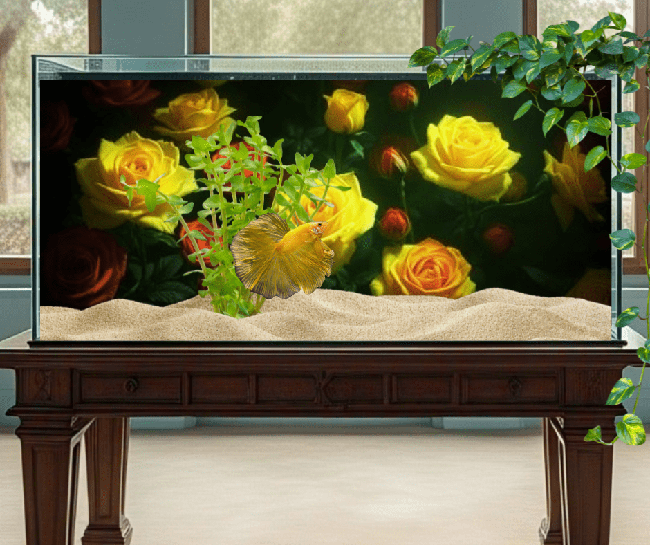 lemon and pink roses background in a betta fish tank