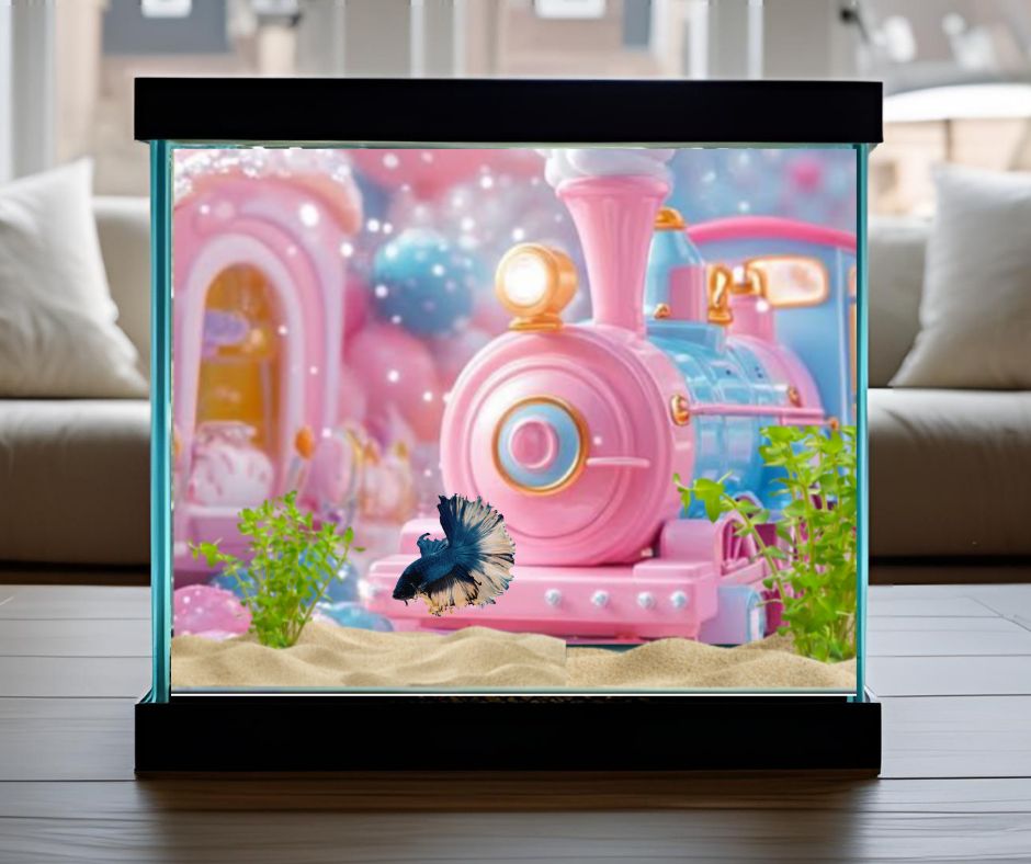 fantasy theme background in pink and light blue features a cute train at a station and a betta fish